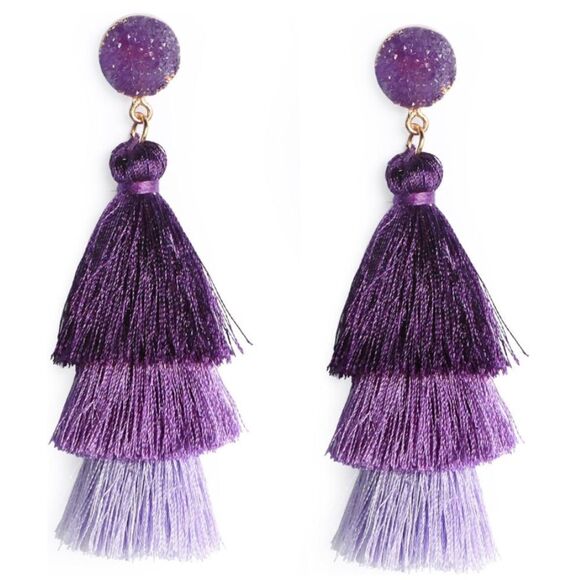 14K Yellow Gold with Purple Ombre Silk Thread Tassel and Quartz Druzy Earrings - Picture 1 of 8